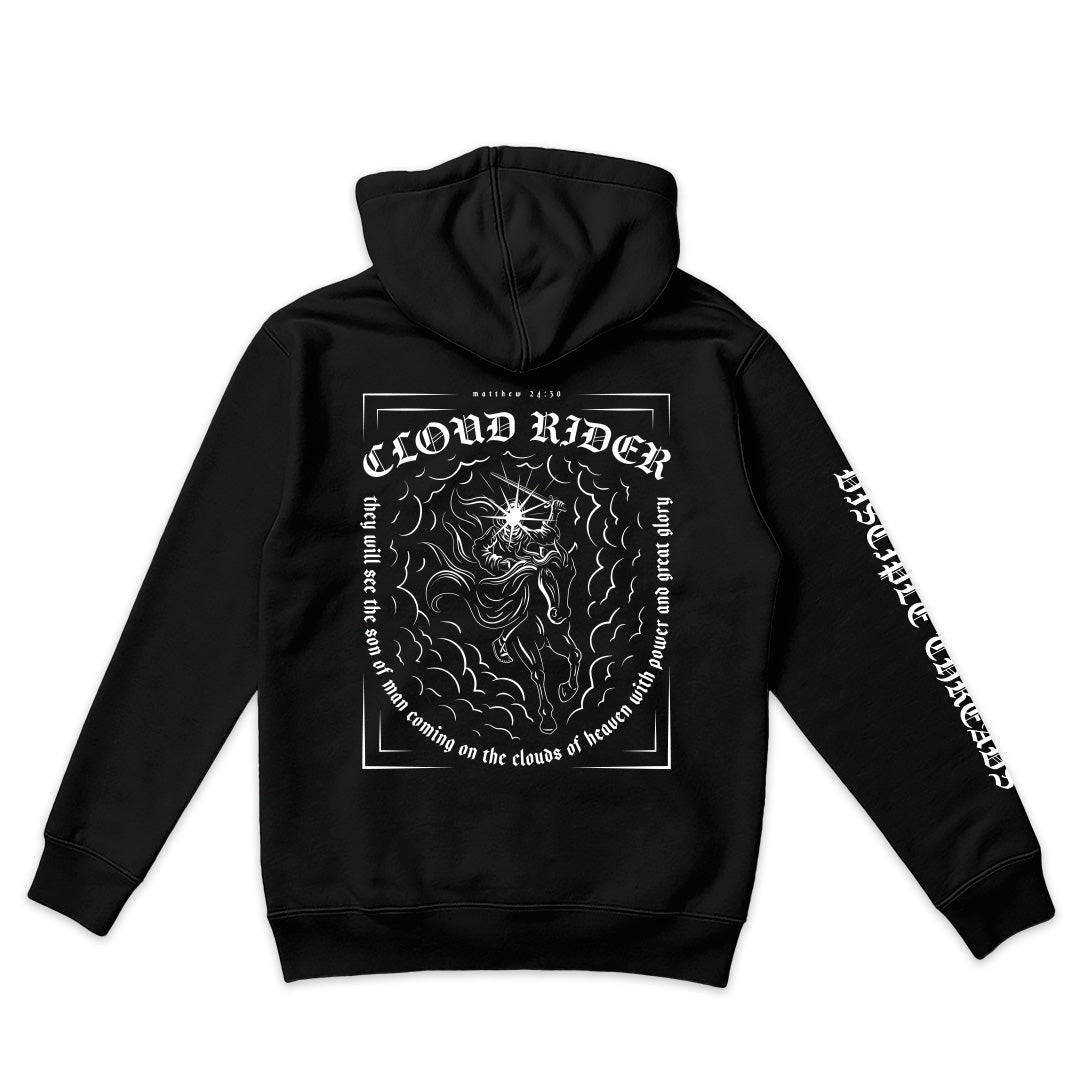 Black hoodie with white graphic design on the back and sleeve, on a white background