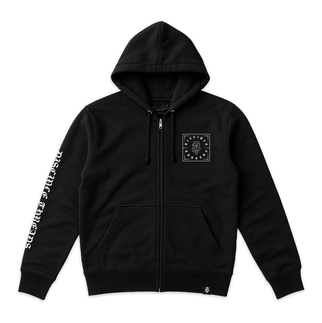 Black hoodie with white text on sleeves and chest logo on a white background