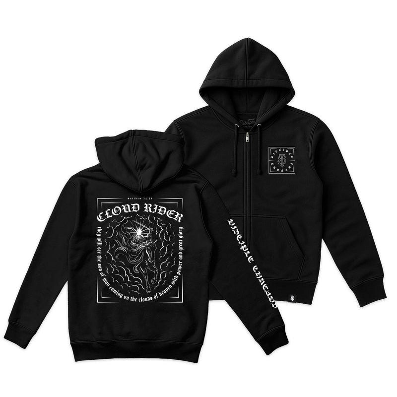 Black hoodie with graphic design on front and text on sleeve, displayed on a white background