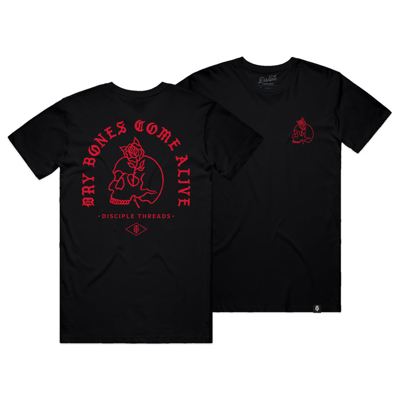 Premium black T-shirt with red screen printed graphics including text and an illustration of dry bones.