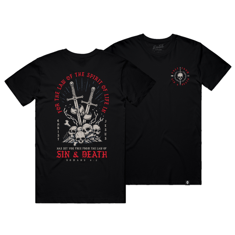 Two black t-shirts with Romans 8:2 graphic designs on a white background