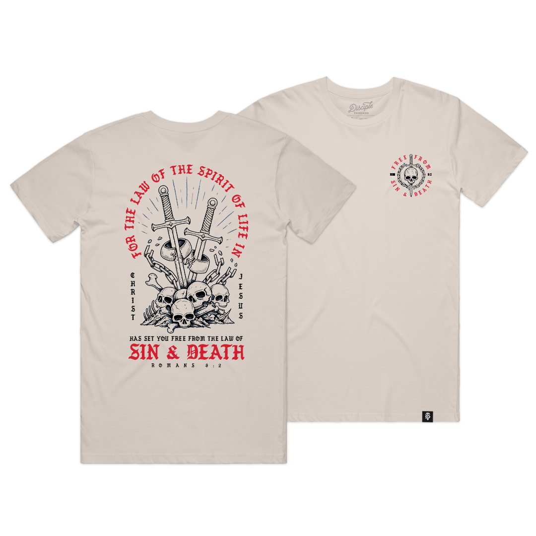 Beige t-shirt with graphic design and text on a white background