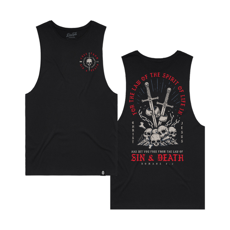 Black cut-off tank with graphic design on front and back