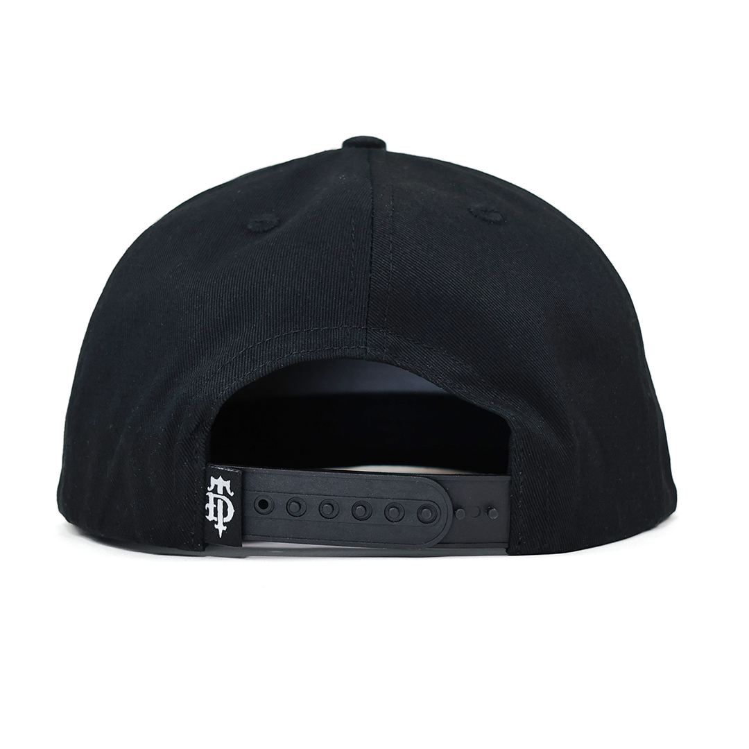 Black cap with a logo on the back on a white background