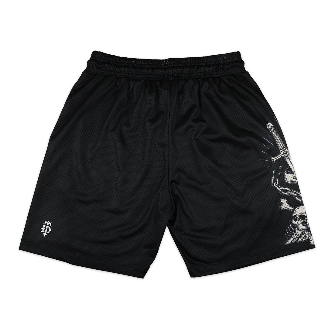 Black Christian shorts based on Romans 5:8 with skull and crossbones design on a white background.