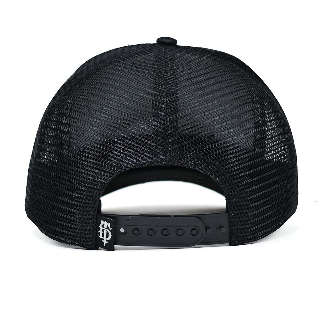 Black mesh cap with a brand logo on the back against a white background