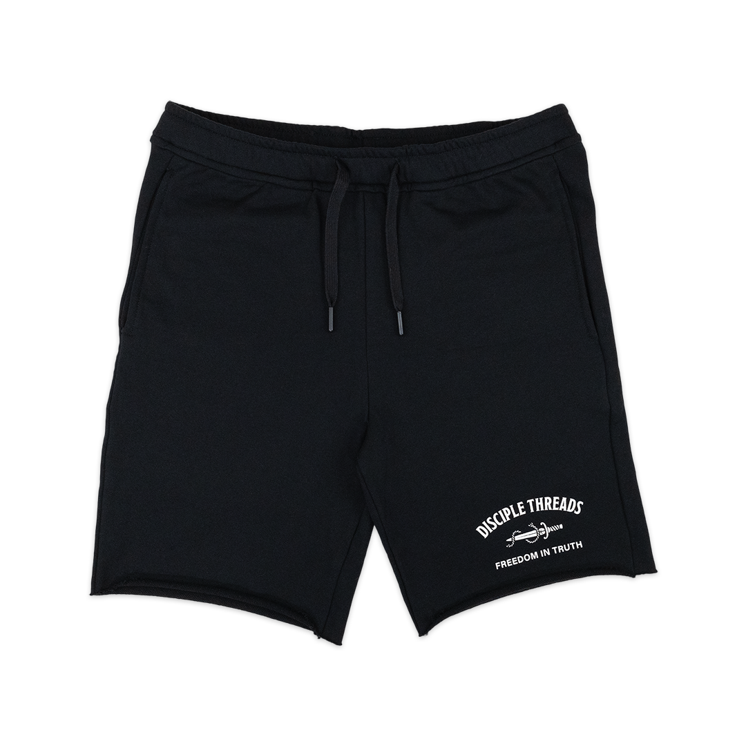 Cut-off sweat shorts with Freedom in Truth, dagger and rope design.