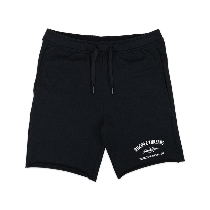 Cut-off sweat shorts with Freedom in Truth, dagger and rope design.