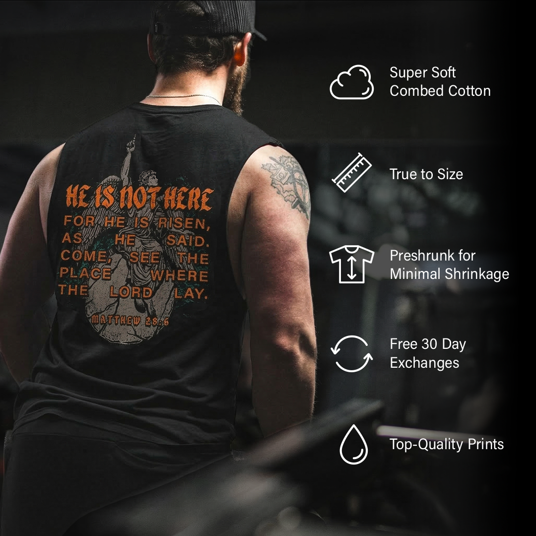 Person wearing a black tank top with a religious message and design.