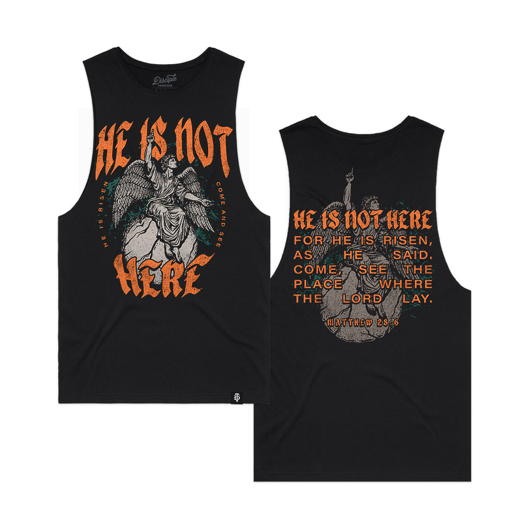 Black sleeveless shirt with religious design and text on front and back