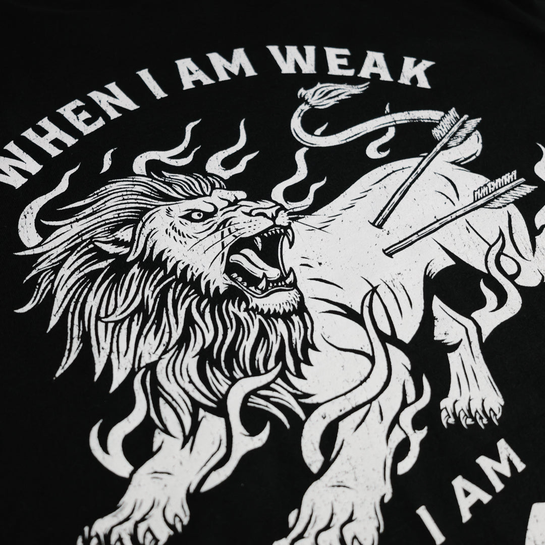 Black and white graphic of a roaring lion with text on a black background