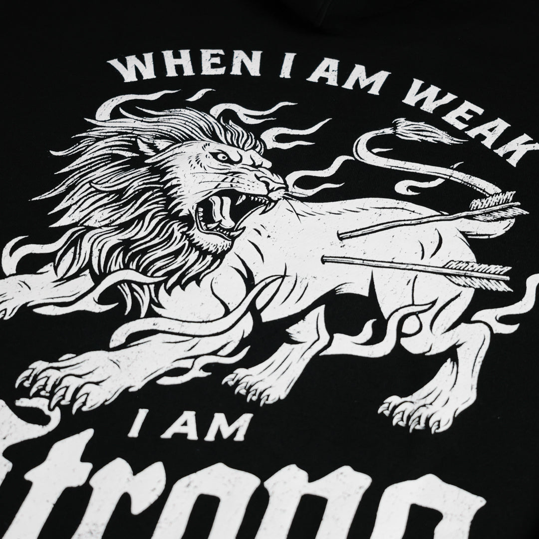 Black t-shirt with white lion graphic and bible verse on a black background