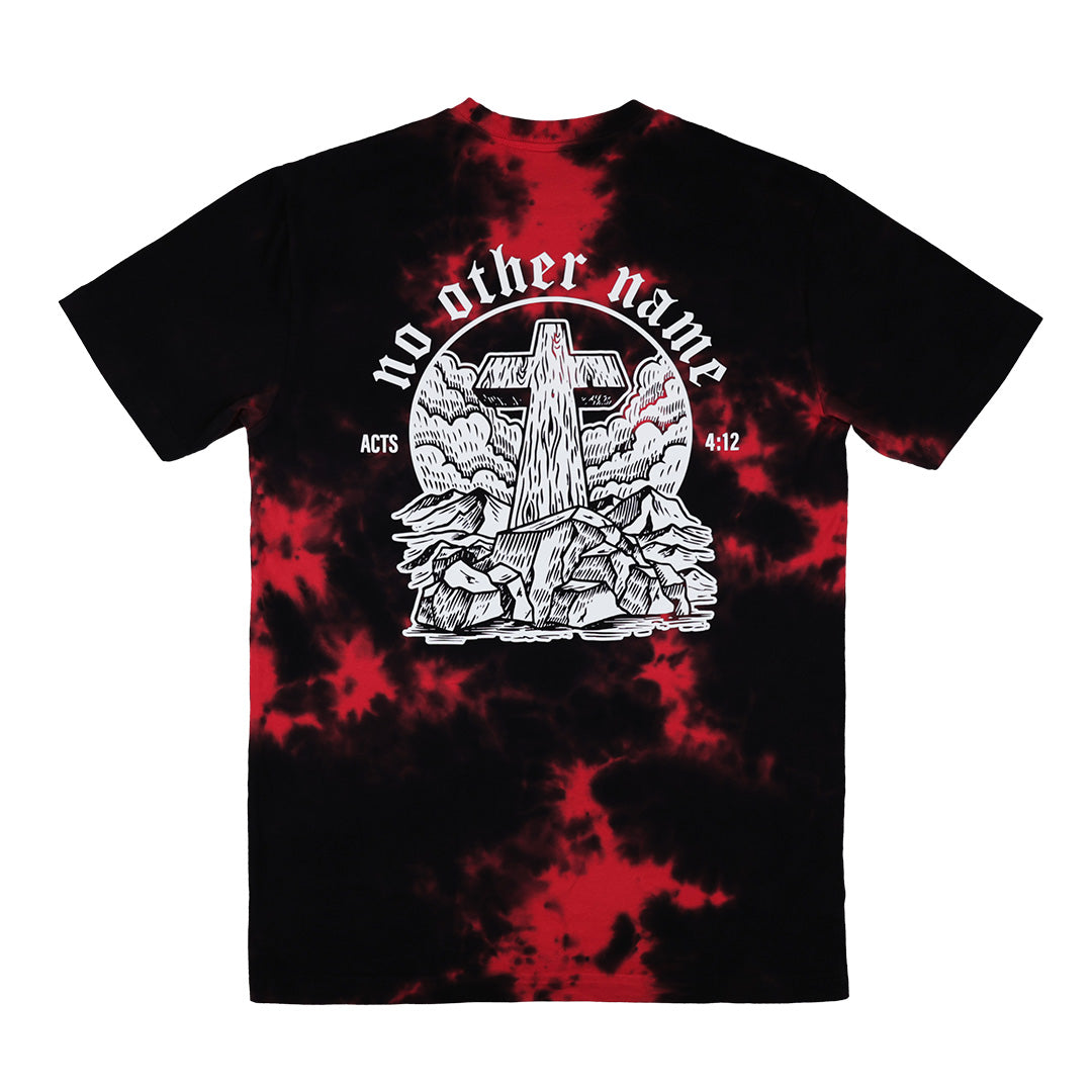 Tie-dye t-shirt with cross design and 'no other name' text on a white background
