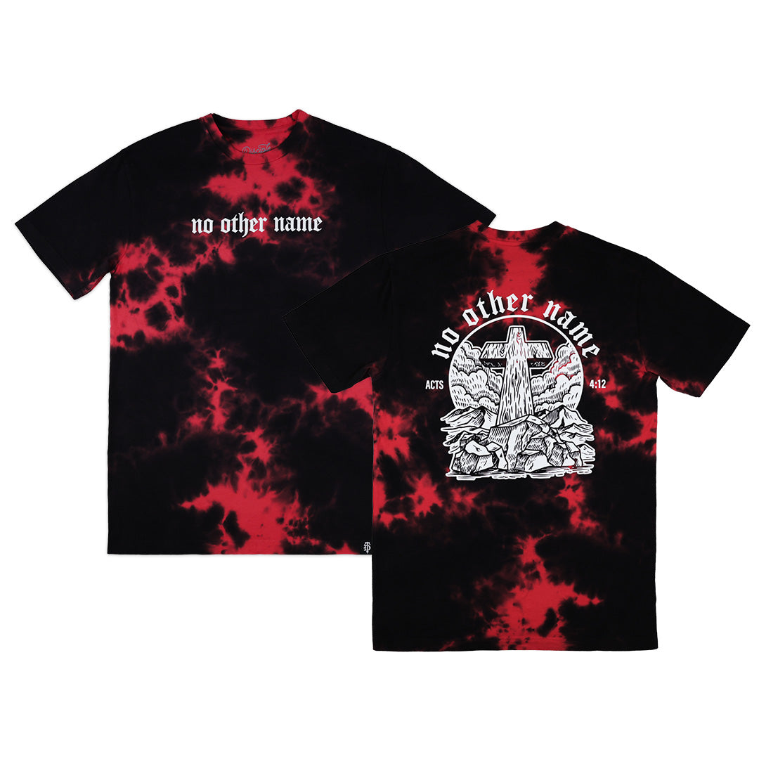 Black and red tie-dye t-shirt with 'no other name' text and graphic design on a white background