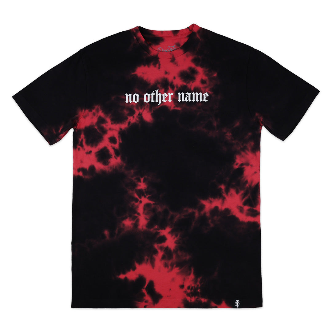 Tie-dye t-shirt with 'no other name' text on a white background