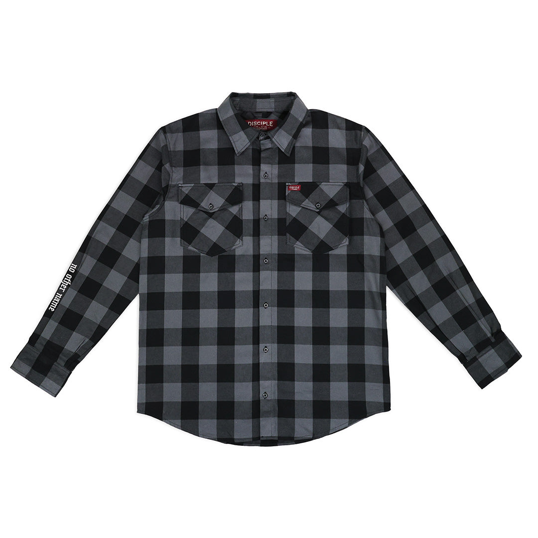 Black and gray flannel shirt on a white background