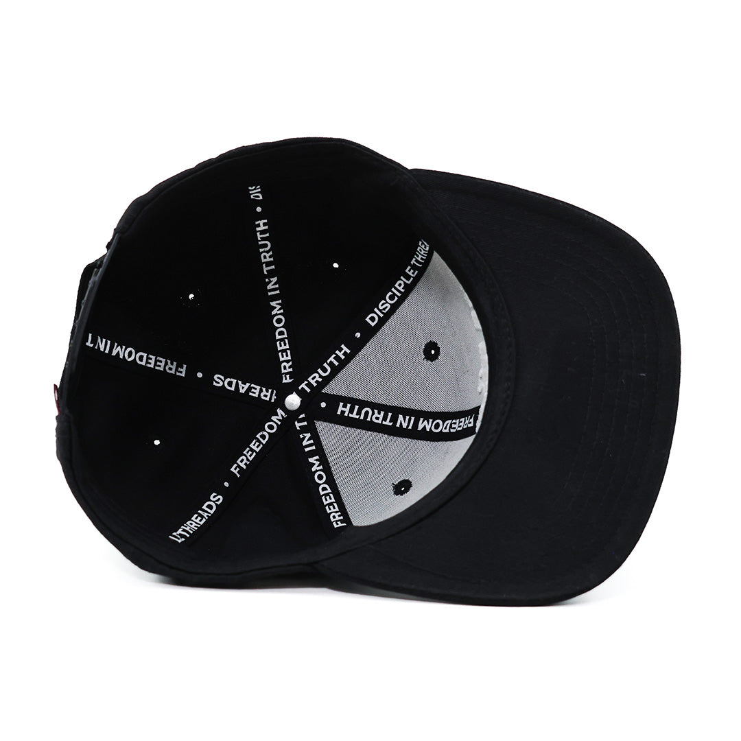 Black cap with text design on a white background