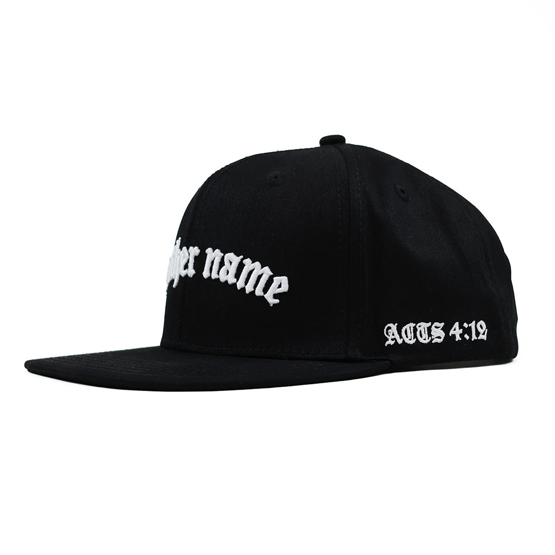 Black cap with white text on a white background