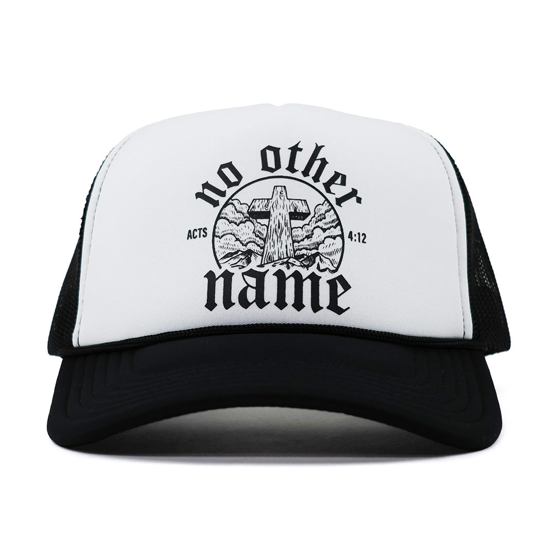 Black and white trucker hat with cross design and text on a white background
