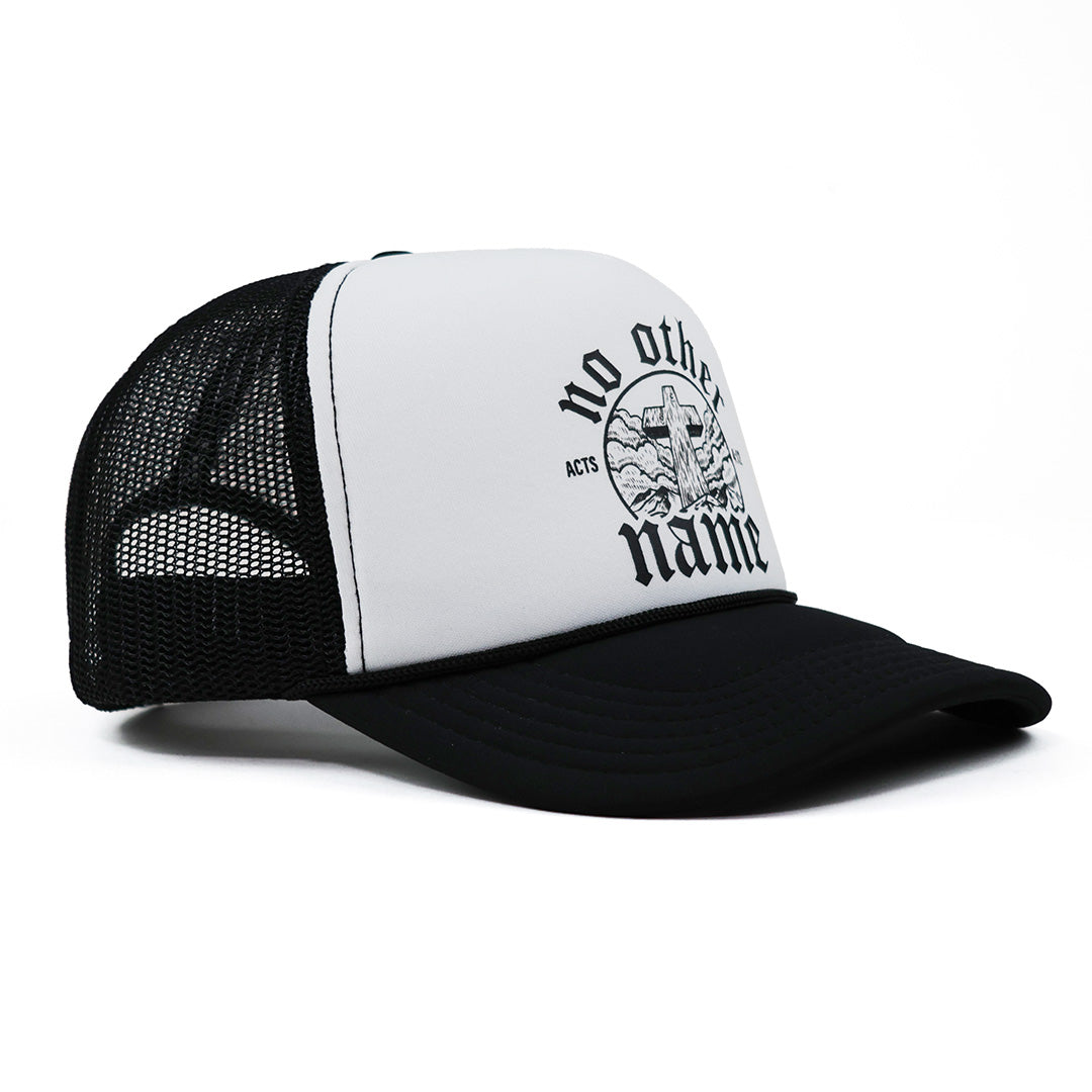 Black and white cap with 'No Other Name' text on a white background