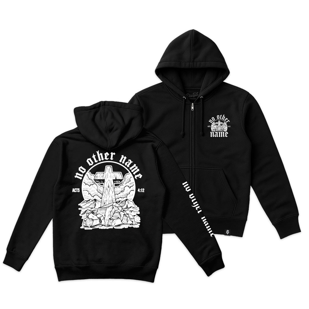 Black hoodie with white graphics and text on a white background