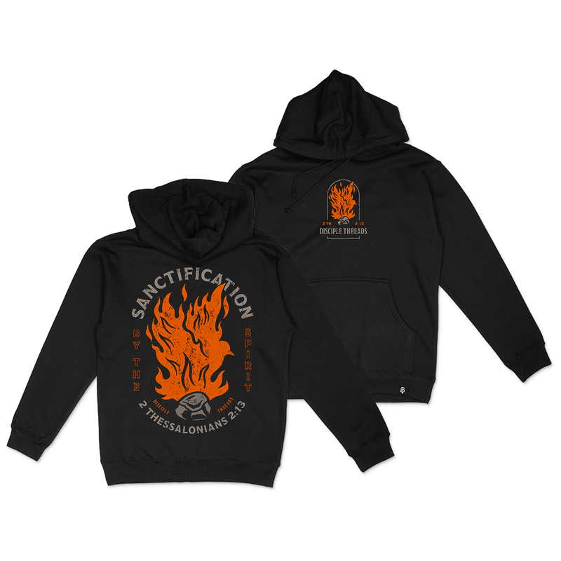 Black Sanctification Pullover Hoodie with a large Sanctification by the Spirit graphic and a small flaming dove chest graphic, 2 Thessalonians 2:13.