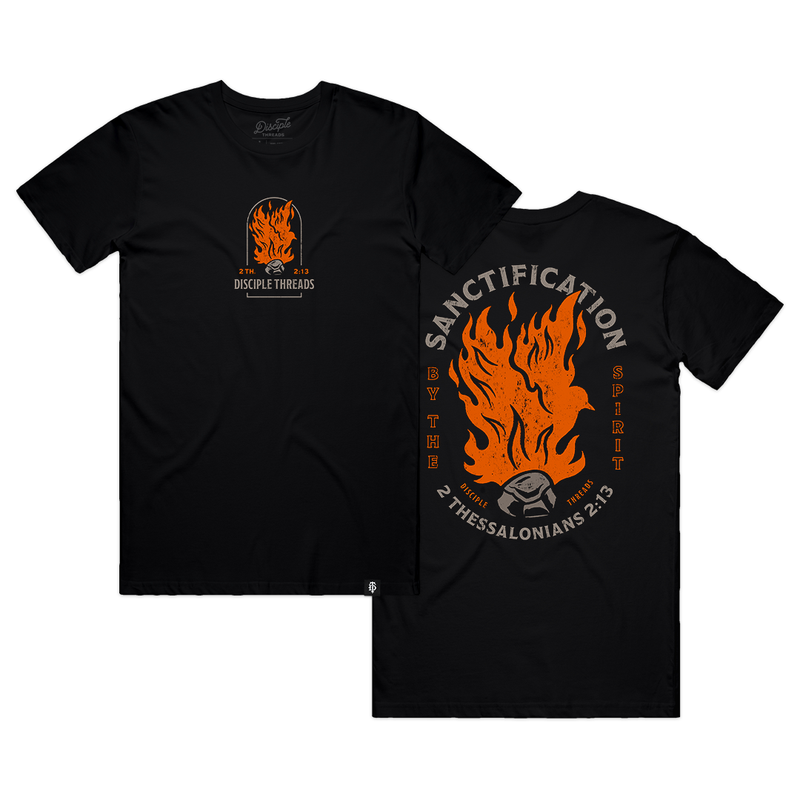Black Sanctification T-shirt with a small flaming dove chest graphic and a large Sanctification by the Spirit graphic, 2 Thessalonians 2:13.