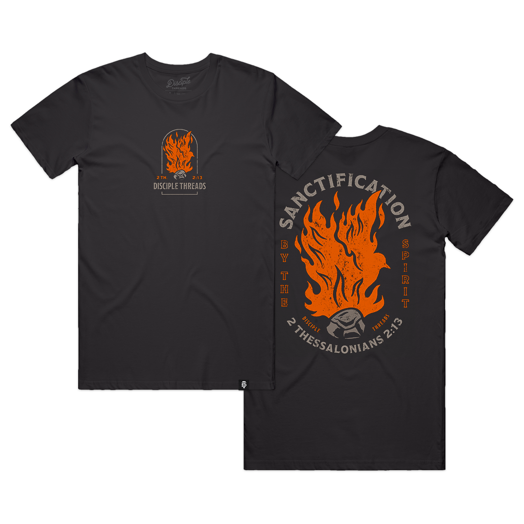 Dark grey Sanctification T-shirt with a small flaming dove chest graphic and a large Sanctification by the Spirit graphic, 2 Thessalonians 2:13.
