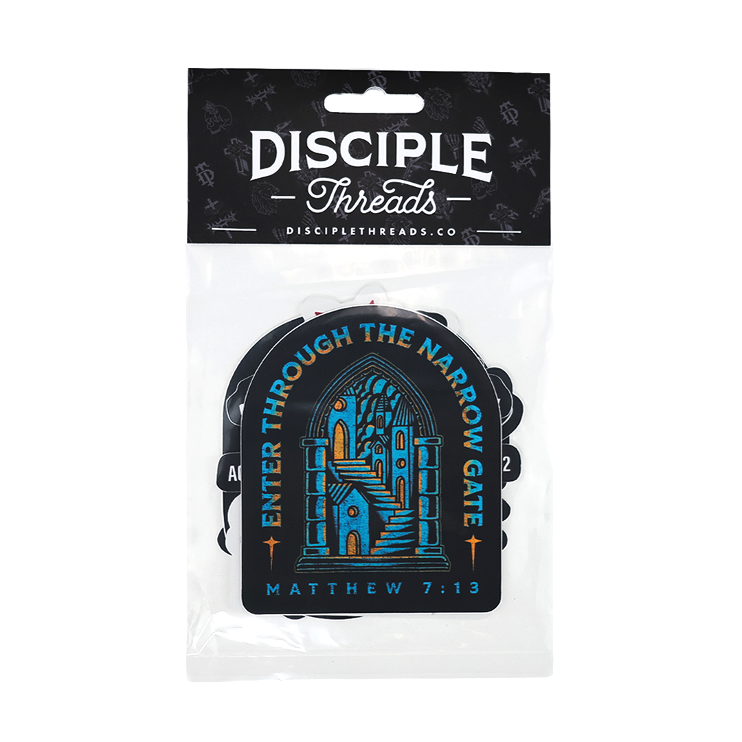 Packaged product with 'Disciple Threads' branding and a religious design.