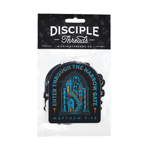 Packaged product with 'Disciple Threads' branding and a religious design.
