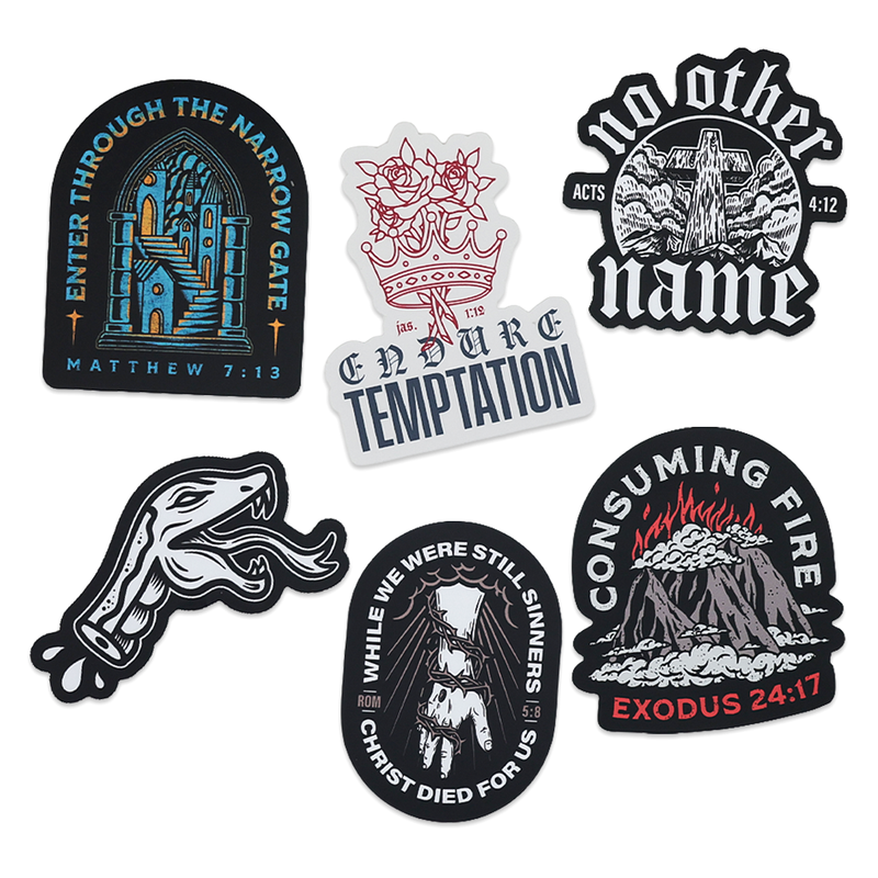 Set of six stickers with religious text and imagery on a white background