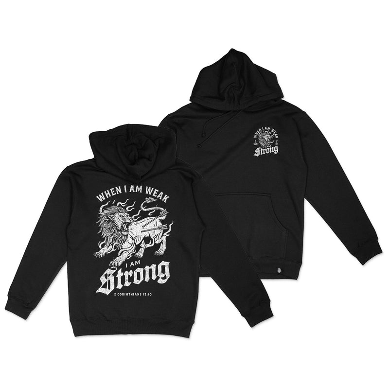 Black hoodie with lion graphic and 2 Corinthians 12:10 on white background