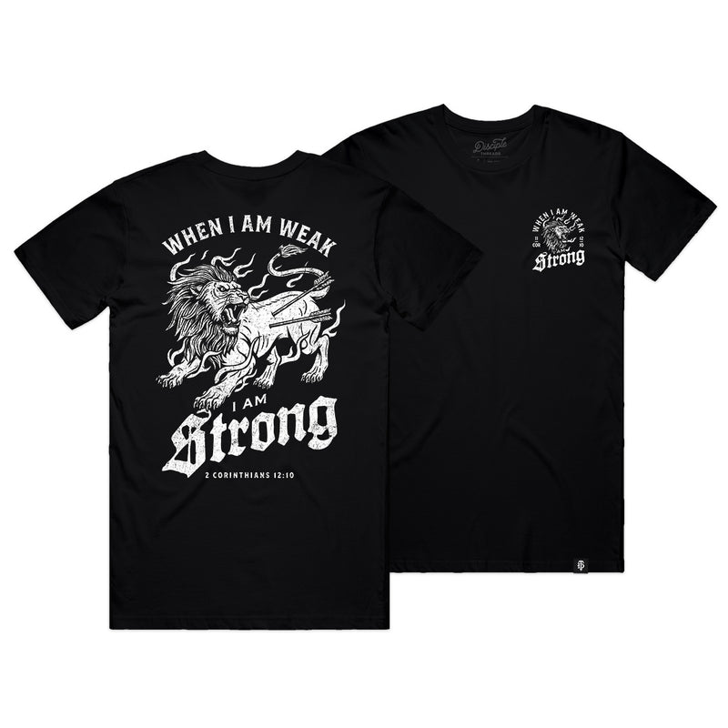 Christian t-shirt with a lion and scripture on a white background.