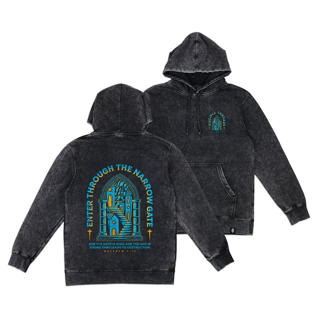 Black hoodie with graphic design on front and back on a white background