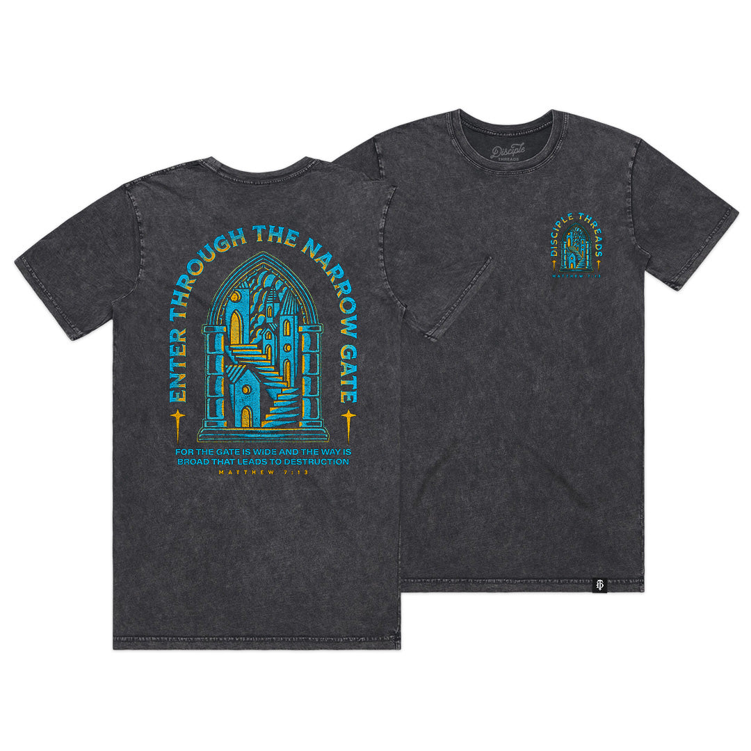 Black t-shirt with blue and yellow graphic design on a white background