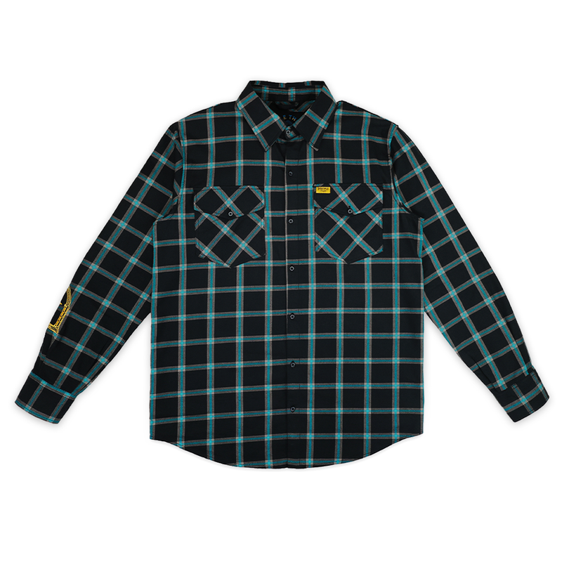 Black and cyan plaid shirt on a white background